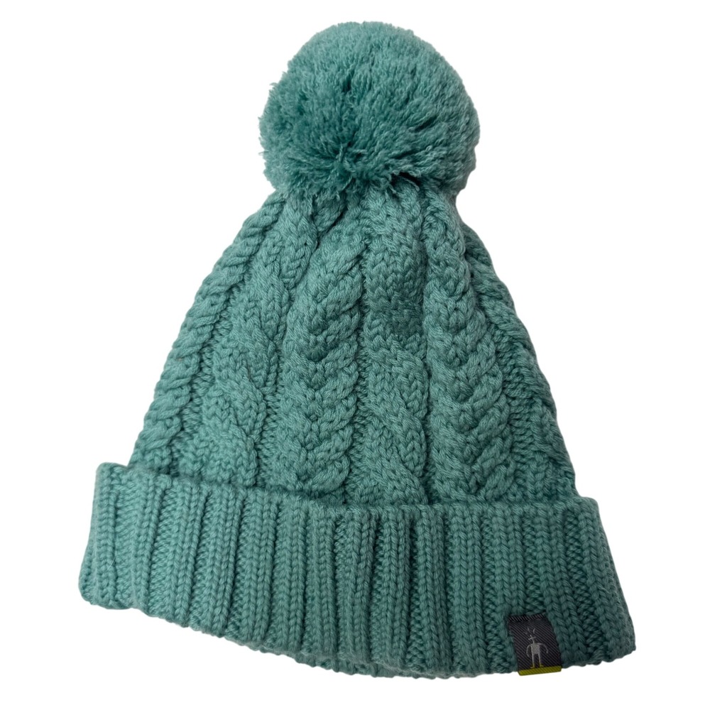 Smartwool Womens Cable Knit Pom Beanie Hat Teal Blue Green Ribbed Cuff